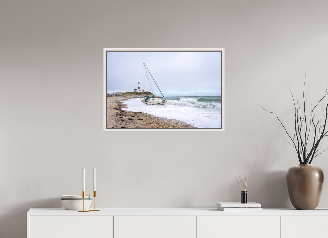 30 x 20″, Acrylic With Maple White Frame Touchdown Lighthouse