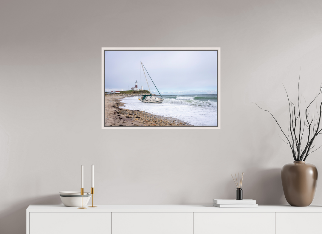 30 x 20″, HD Metal with Maple White Frame Touchdown Lighthouse