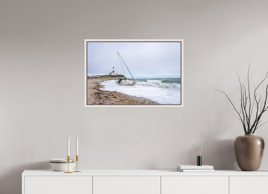 30 x 20″, HD Metal with Maple White Frame Touchdown Lighthouse