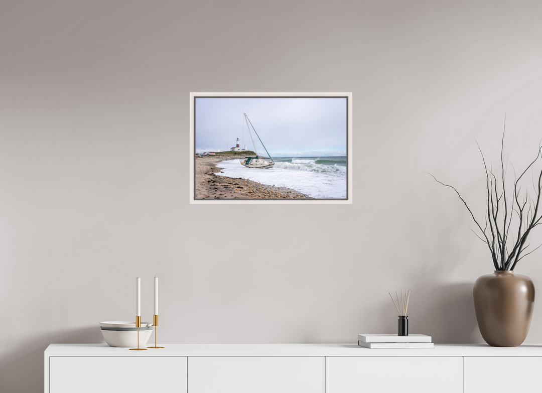 24 x 16″, HD Metal with Maple White Frame Touchdown Lighthouse