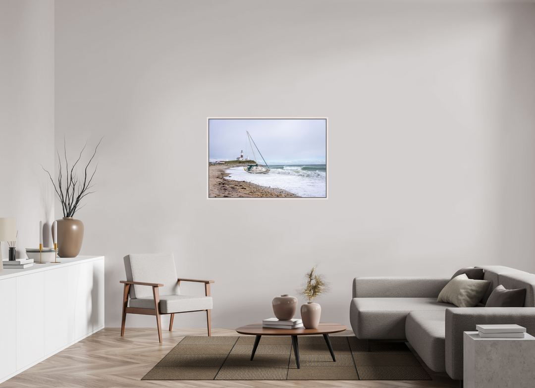 45 x 30″, HD Metal with Maple White Frame Touchdown Lighthouse