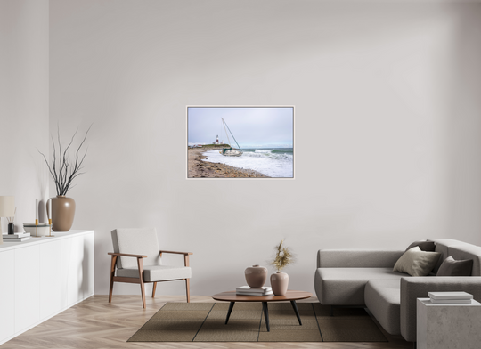 45 x 30″, HD Metal with Maple White Frame Touchdown Lighthouse